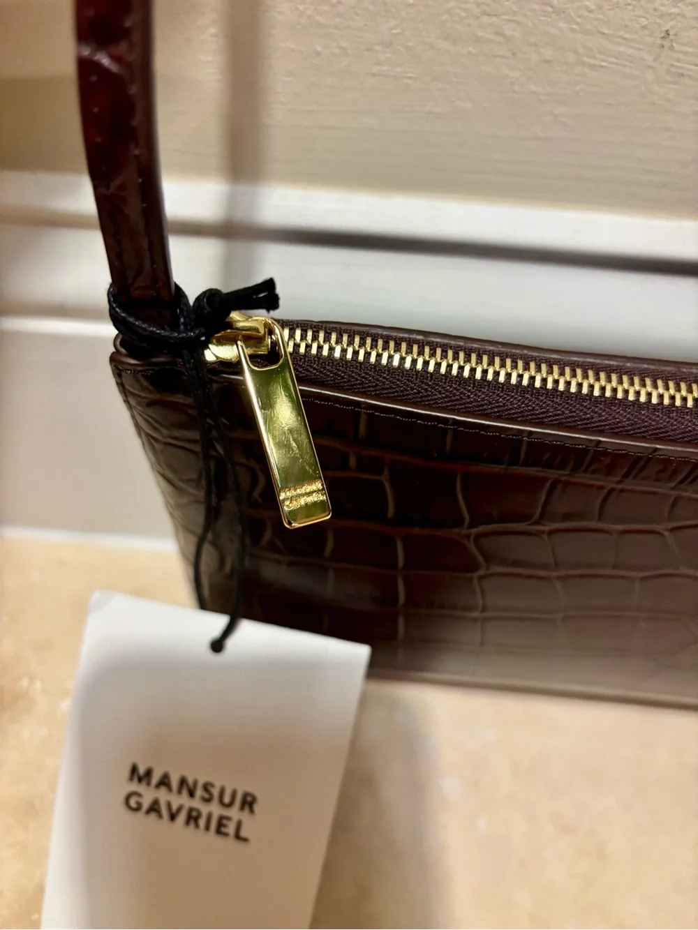 Mansur Gavriel Croc-Embossed Shoulder Bag in Dark Brown